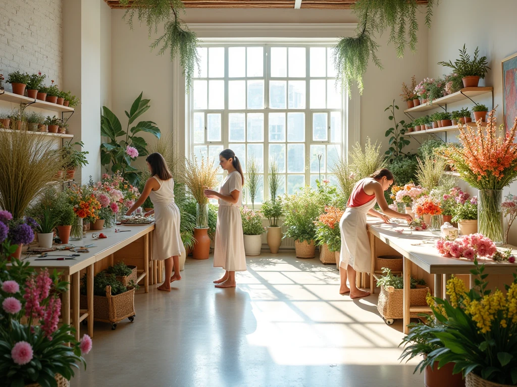 Craxylonhroz floral design studio workspace with fresh flowers